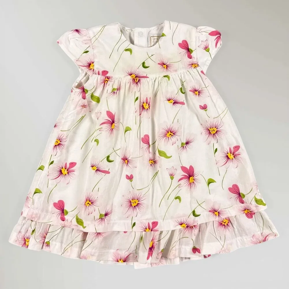 Emile et Rose Baby Girl's Dress Floral White Pink Lined 100% Cotton Size 6M